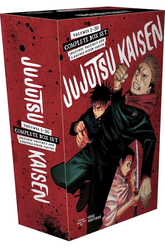 Jujutsu Kaisen Volume 1-30 Complete Box Set book packaging, featuring a dark red cover with anime illustrations of the characters Gojo Satoru and Yuji Itadori, and bold white title text.
