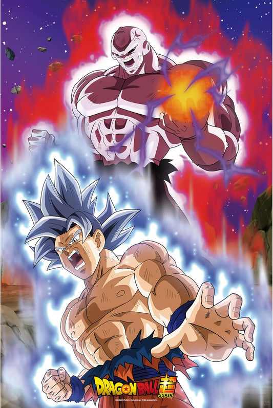 Two powerful characters from Dragon Ball Z in a dynamic pose with colorful energy effects.