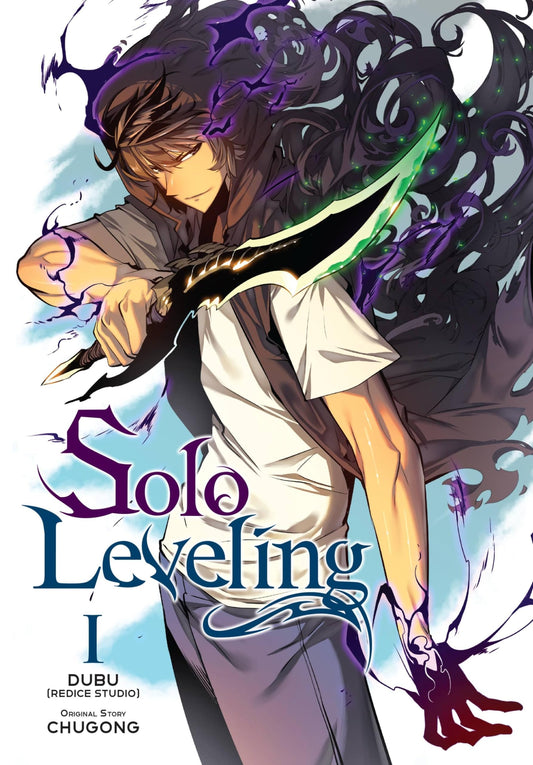 Cover of 'Solo Leveling' with a character holding a sword against a dark background
