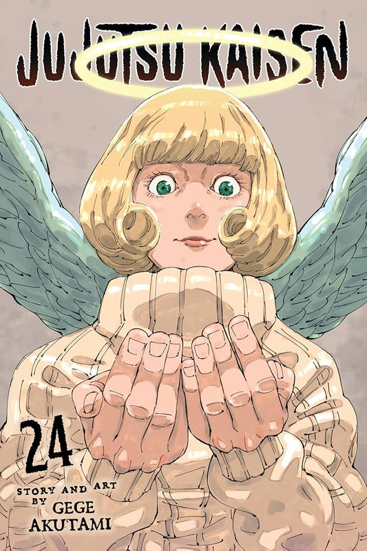 Front cover of the manga volume 'Ju-Jutsu Kaisen' volume 24, featuring an illustration of a blonde angelic character with green eyes, large wings, and a halo above the title.
