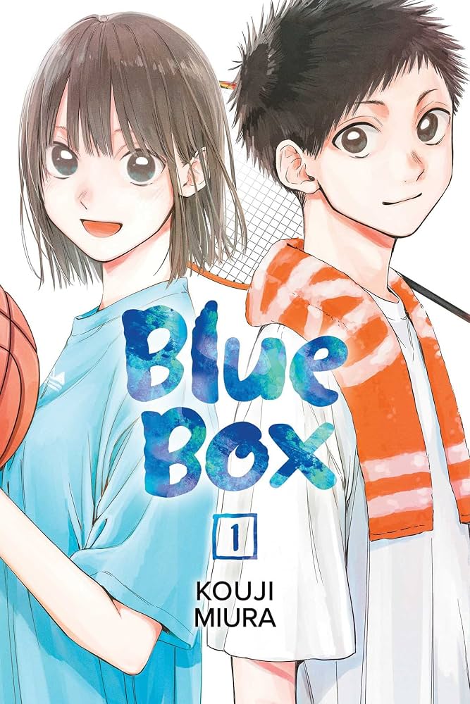 Manga cover of 'Blue Box' with two characters holding hands