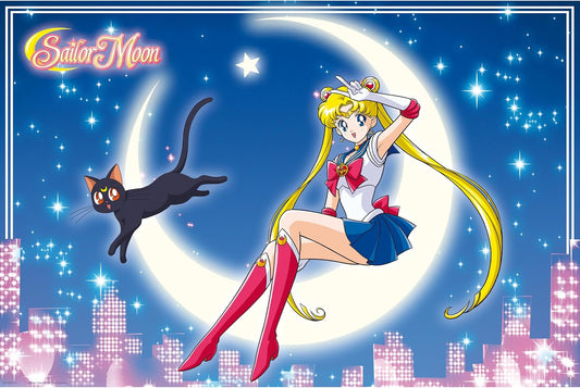 Sailor Moon sitting on a moon with a black cat, city skyline, and 'Sailor Moon' logo.