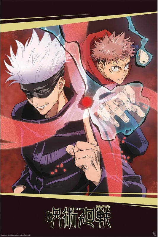 Two animated characters in a dynamic pose with a red and black background