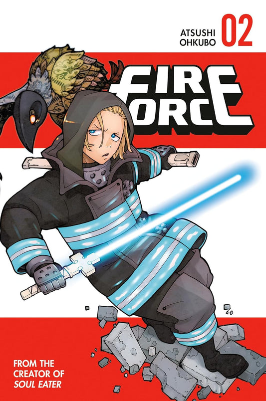 Comic book cover of 'Fire Force' with a character holding a sword on a red background