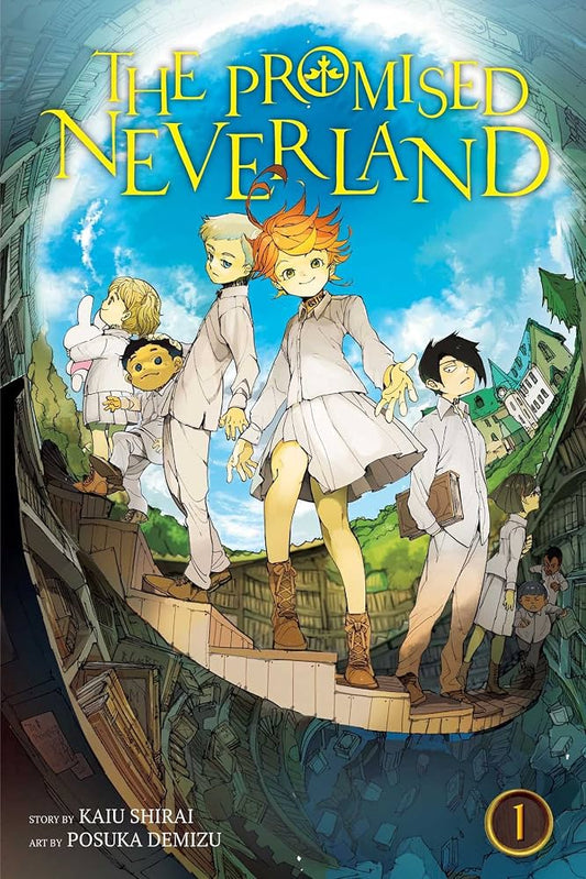 Cover of 'The Promised Neverland' anime series with characters on a bridge.
