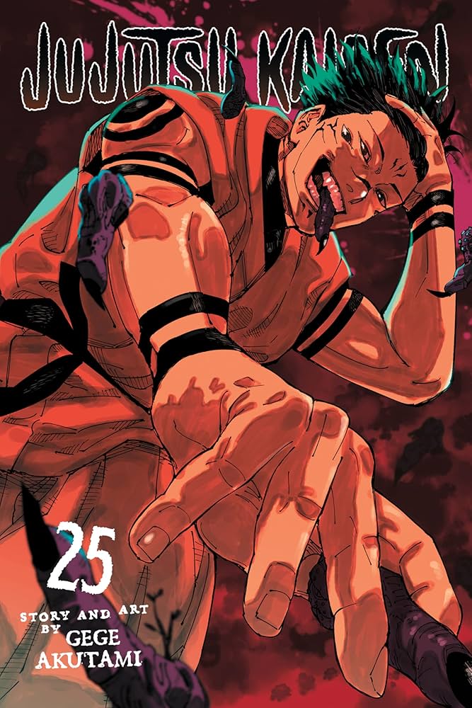 Comic book cover for Jujutsu Kaisen volume 25, featuring an illustrated male character in a red and black martial arts outfit with green hair, reaching forward against a dark red background. The title 'Jujutsu Kaisen' appears at the top, with '25 Story and Art by Geki Akutami' at the bottom.