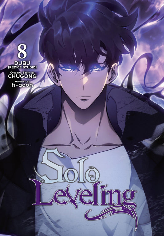 Cover of 'Solo Leveling' with a character holding a intimidating look. 