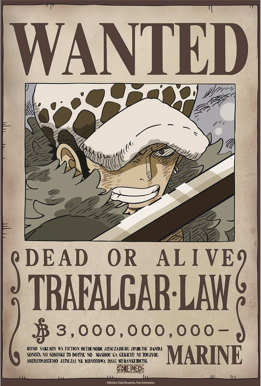 Wanted poster for Trafalgar Law with a character wearing a cap and goggles.