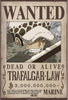 Wanted poster for Trafalgar Law with a character wearing a cap and goggles.