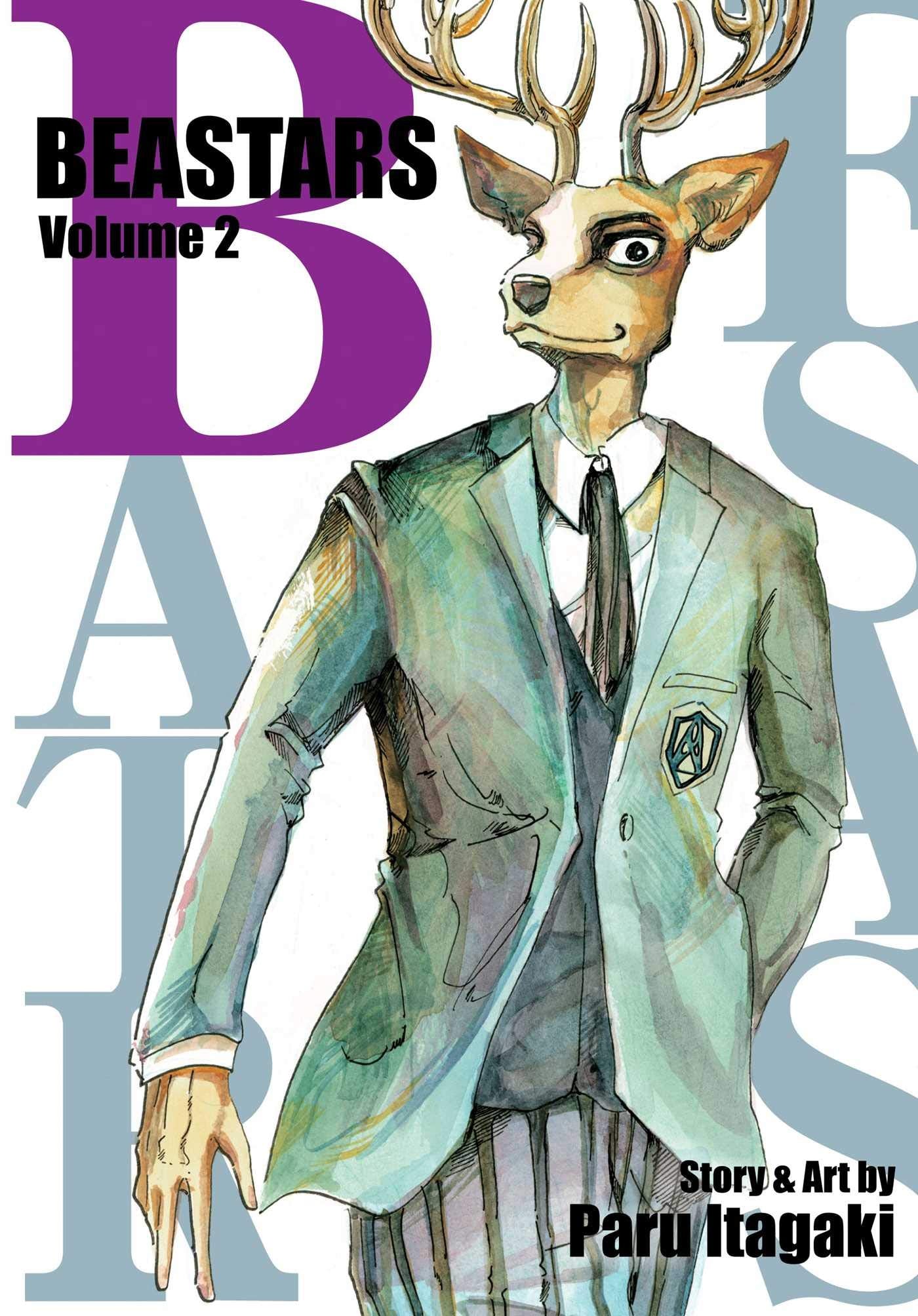 Cover of 'Beastars Volume 2' with a character in a suit and deer head design.