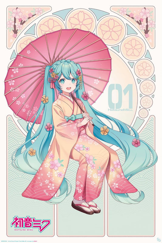 Character in a kimono with a pink umbrella against a decorative background