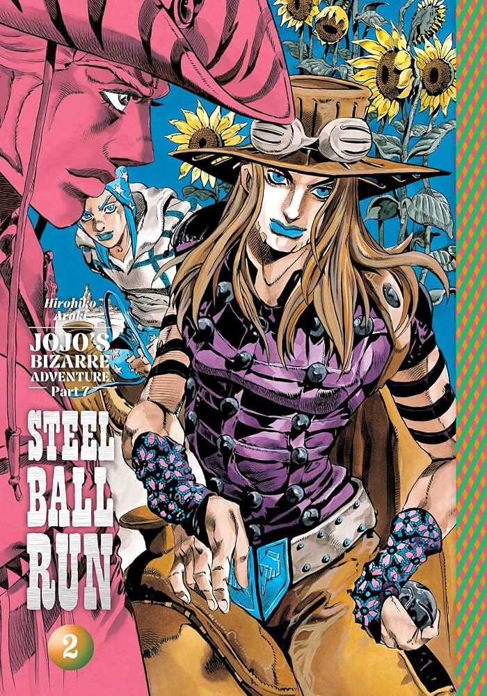 Comic book cover of 'JoJo's Bizarre Adventure Part 2: Steel Ball Run' with characters and sunflowers.