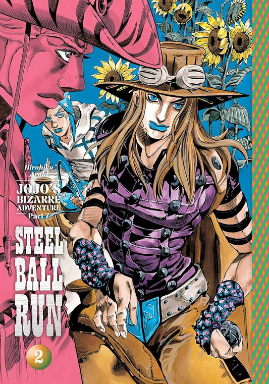 Comic book cover of 'JoJo's Bizarre Adventure Part 2: Steel Ball Run' with characters and sunflowers.