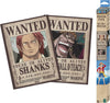 Two 'Wanted' posters featuring characters from a popular anime series, with a box packaging in the background.