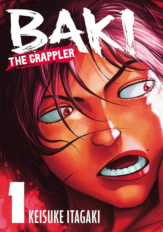 Comic book cover of 'Baki the Grappler' with a character's face in close-up.
