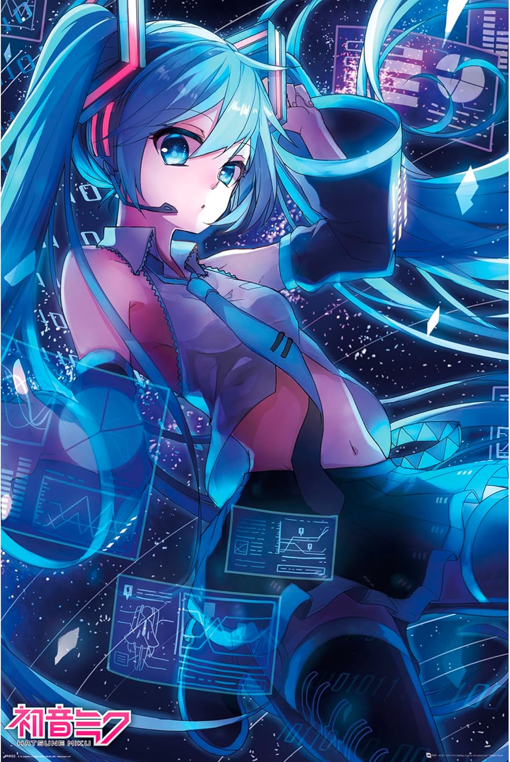 Anime character with blue hair and futuristic outfit in a high-tech environment