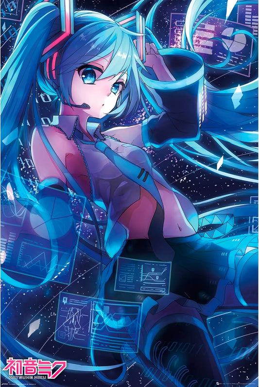 Anime character with blue hair and futuristic outfit in a high-tech environment