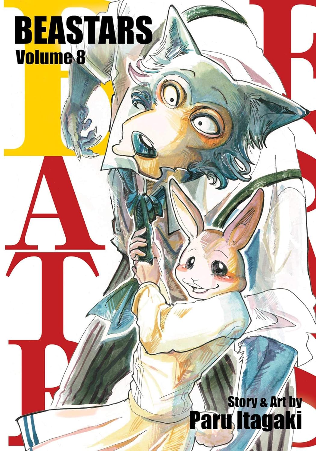 Cover of 'Beastars' Volume 8 with two anthropomorphic animal characters on a red and white background.