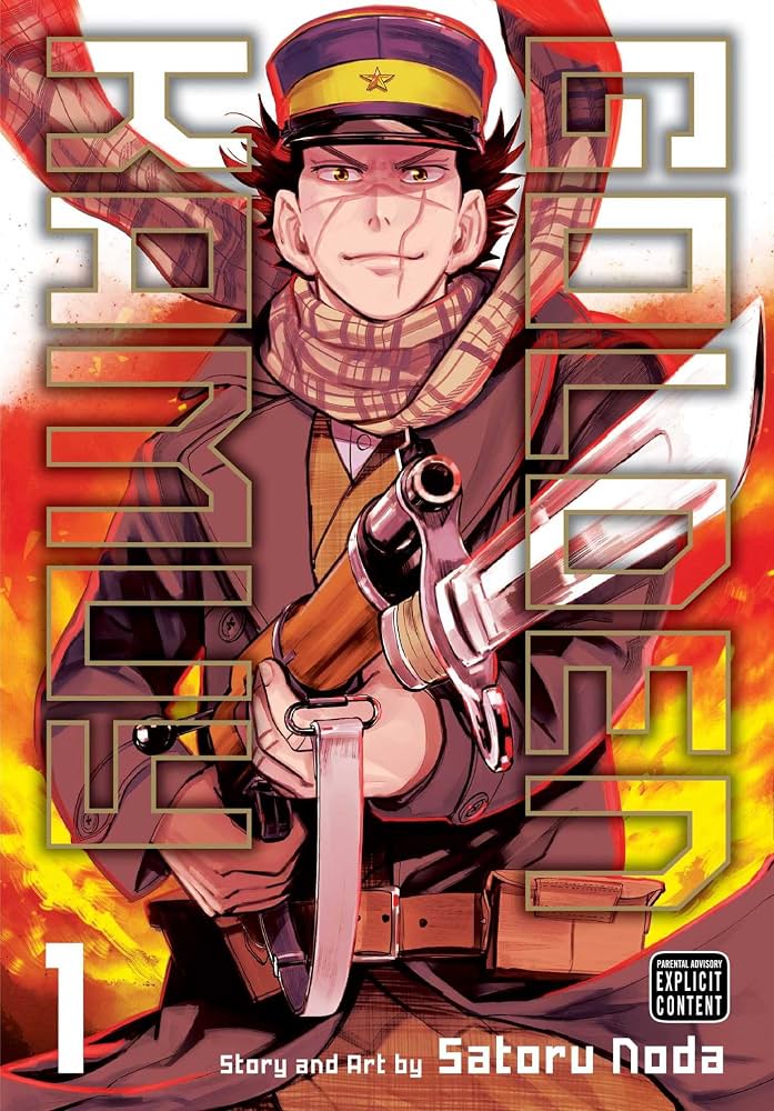 Manga book cover with a character holding a weapon, red and yellow background