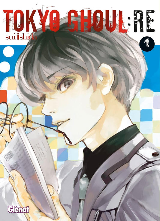 Manga book cover of 'TOKYO GHOUL:RE' with a character holding a book against a colorful background.
