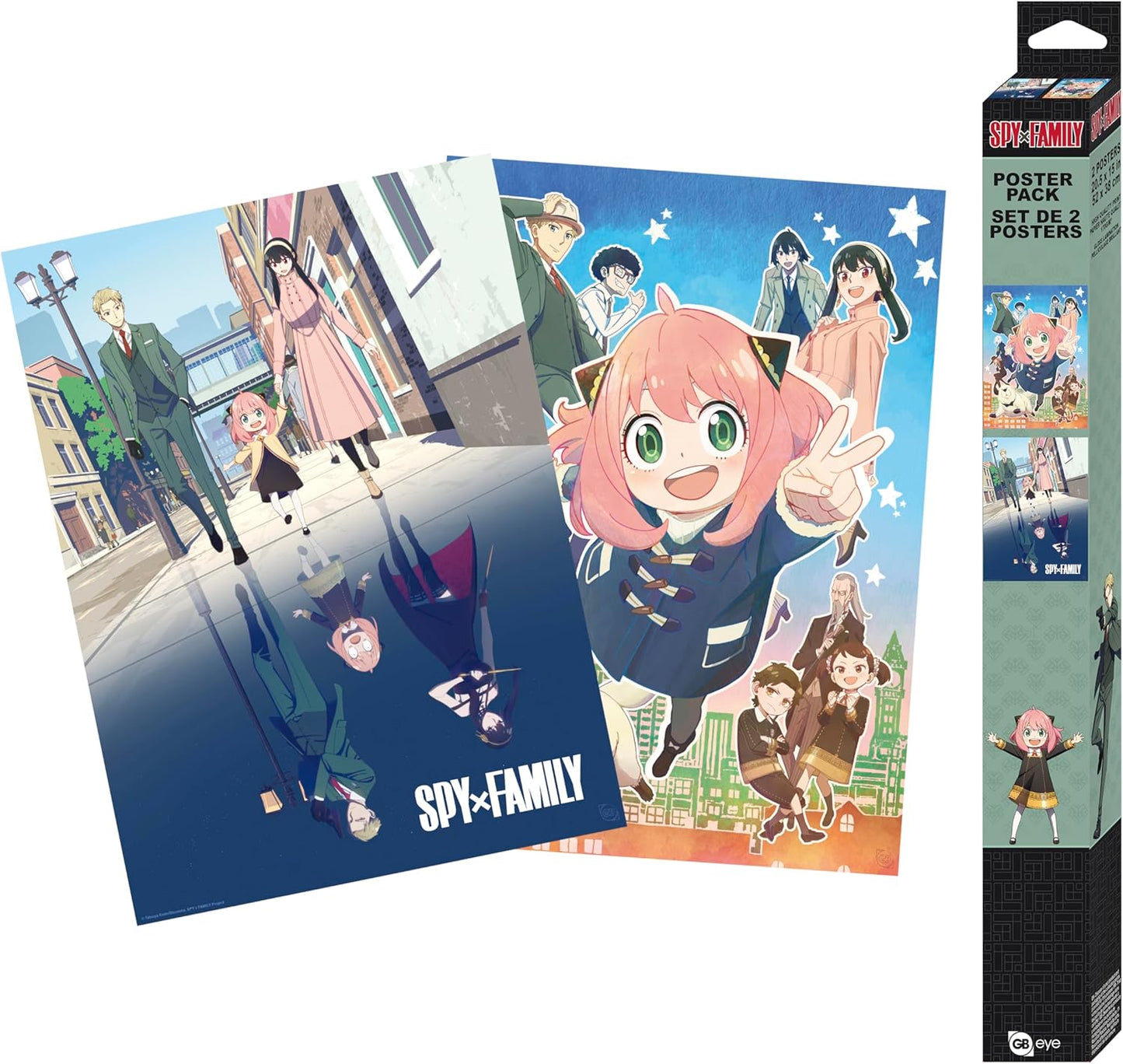 Spy x Family posters with character illustrations and packaging on a white background