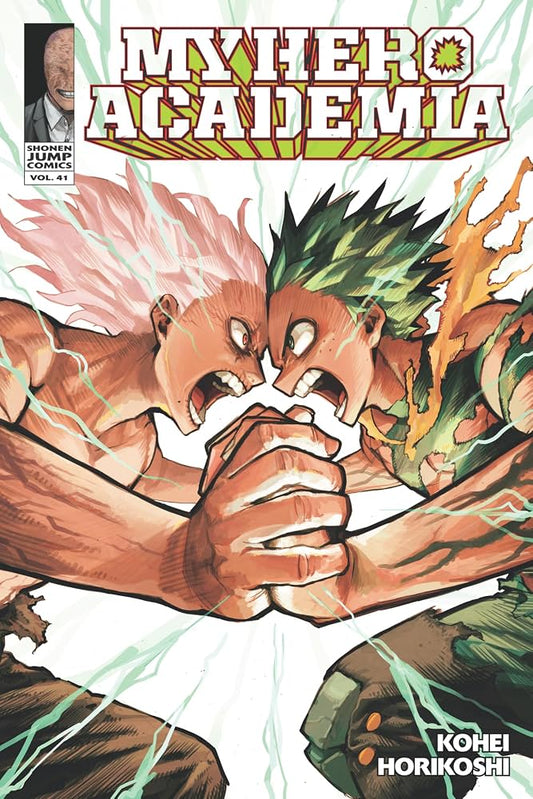 Cover of My Hero Academia Vol. 41 comic book featuring a dramatic illustration of two characters clashing with pink and green energy effects, with the title 'MY HERO ACADEMI' at the top and creator names Kohei Horikoshi and Shimon Jump Comics visible.