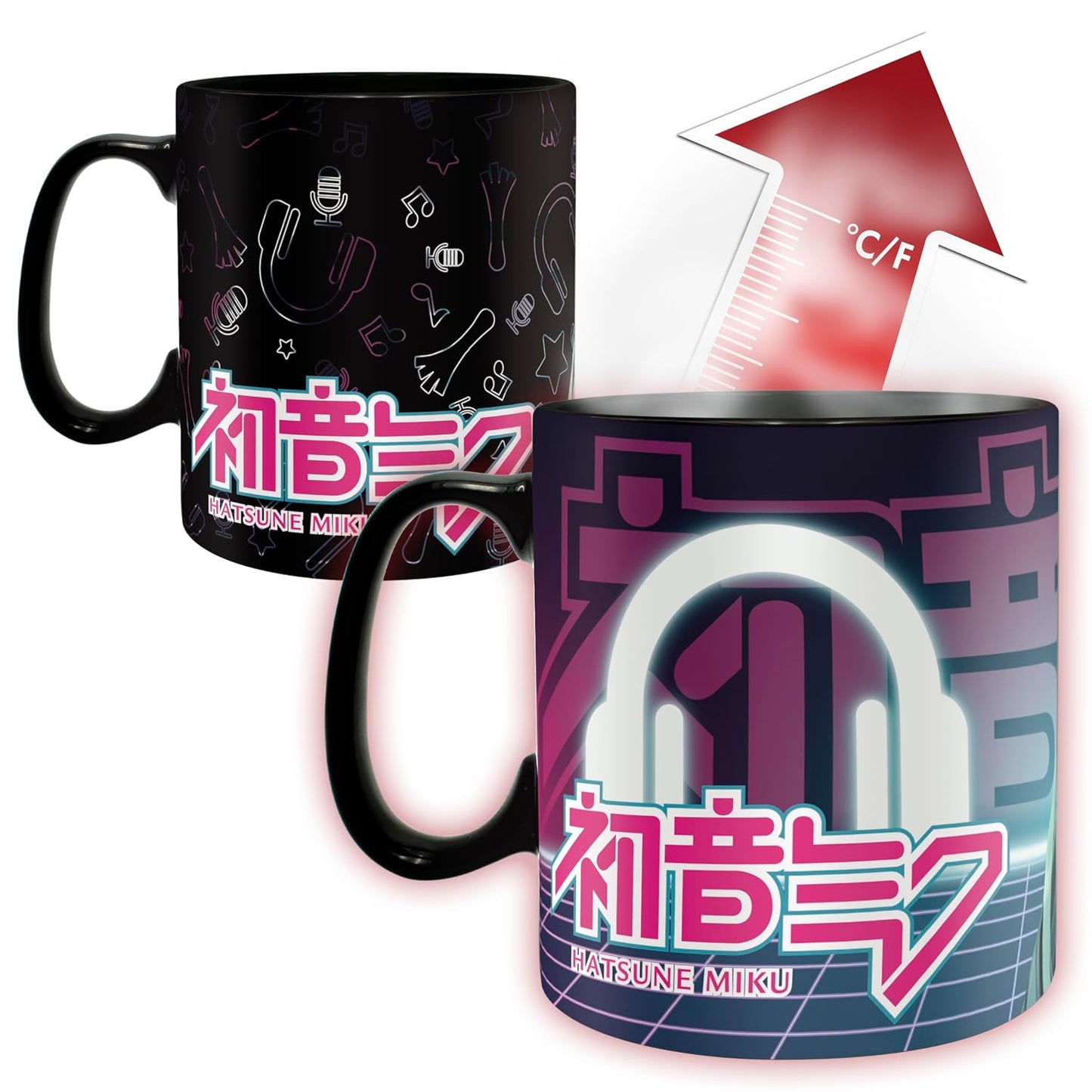 A black ceramic mug shown in two views on a white background: one view shows the mug with a black handle and a dark printed design, and the other shows the mug transformed with a colorful gradient design featuring a large white headphone graphic, pink and white Japanese text, and the name 'MATSUNE MIKU'. A red arrow with °C/F text indicates a temperature-change effect.