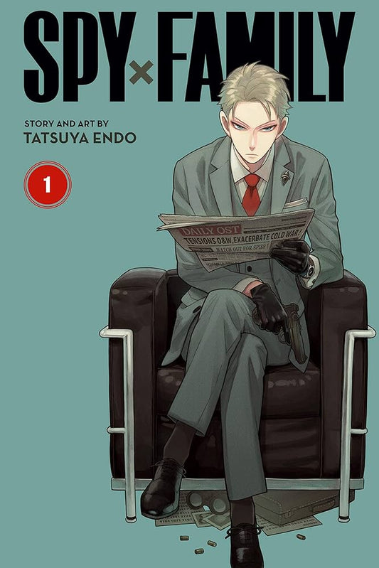 Anime character reading a newspaper on a couch with 'Spy x Family' branding.