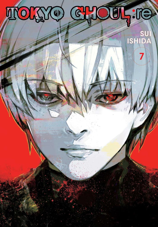 Cover of 'Tokyo Ghoul:re' Volume 7 with a character's face on a red background