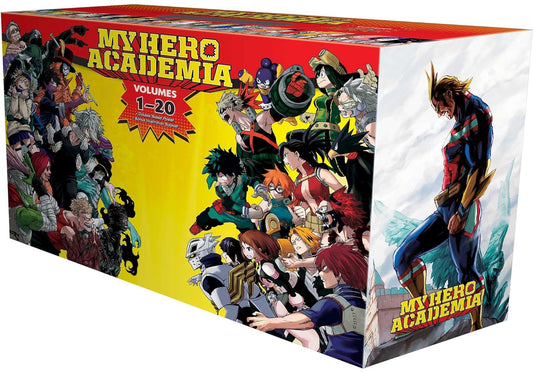 Collection of 'My Hero Academia' volumes 1-20 on a red and yellow box with character illustrations.