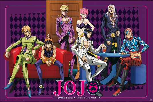 Group of animated characters from 'JOJO's Bizarre Adventure' in a room setting with a red couch and purple walls.