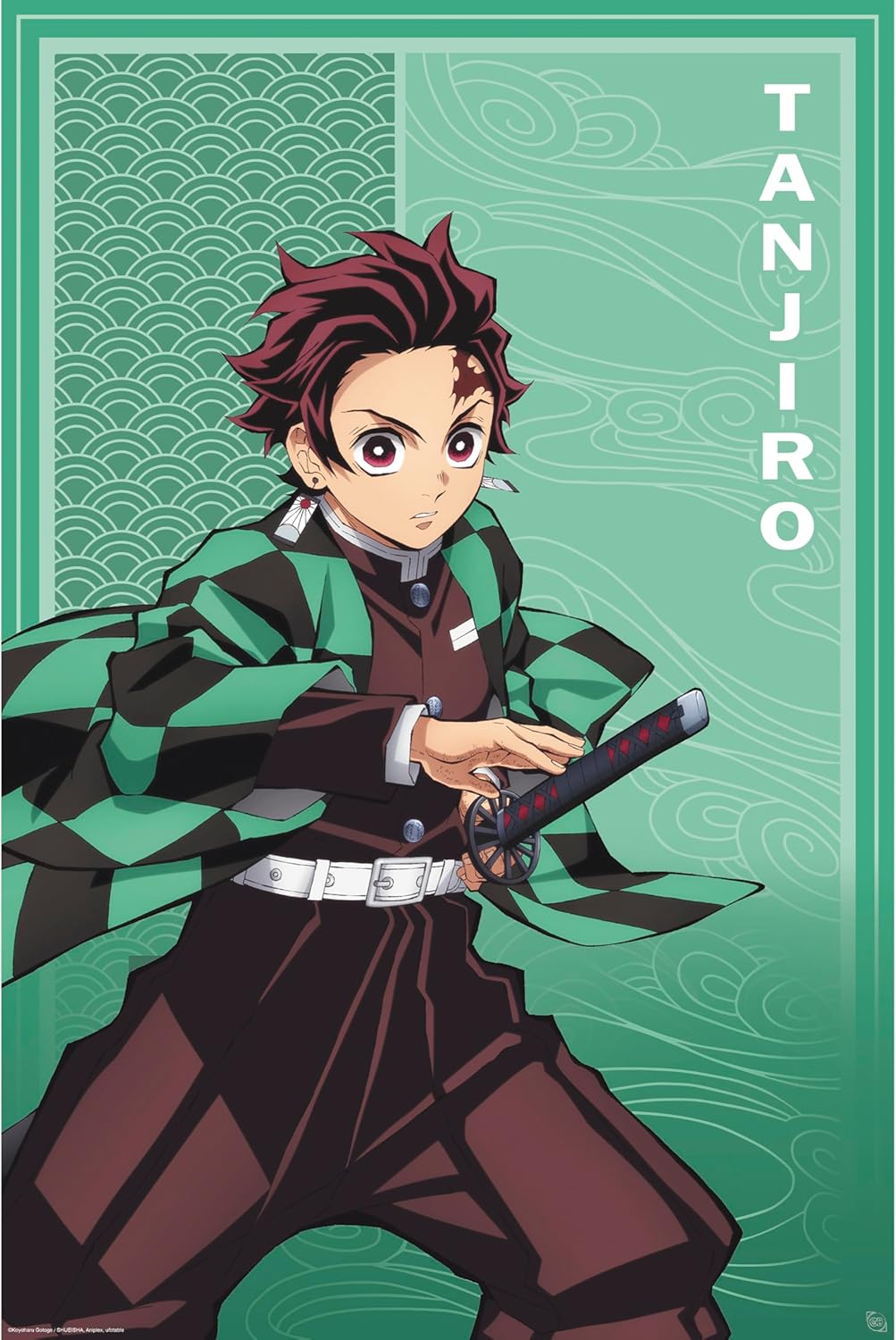 Anime character Tanjiro holding a sword on a green background
