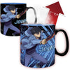 A black ceramic mug with a blue interior and handle, featuring anime artwork of Jin Wu from Attack on Titan. A red arrow graphic with temperature markings is shown behind the mug to indicate a heat-reactive feature.
