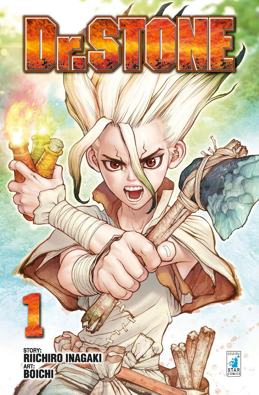Cover of 'Dr. Stone' manga with a character holding a weapon and a stone, colorful background