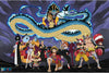 Group of animated characters in front of a large dragon illustration