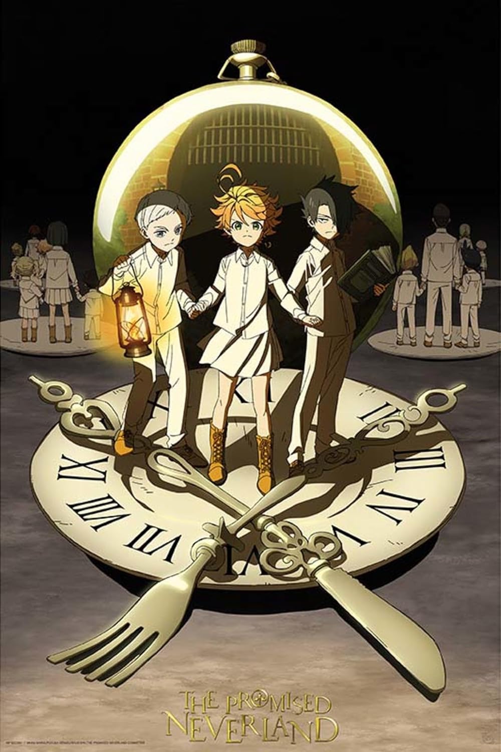 Promotional poster for 'The Promised Neverland' with characters inside a clock design.