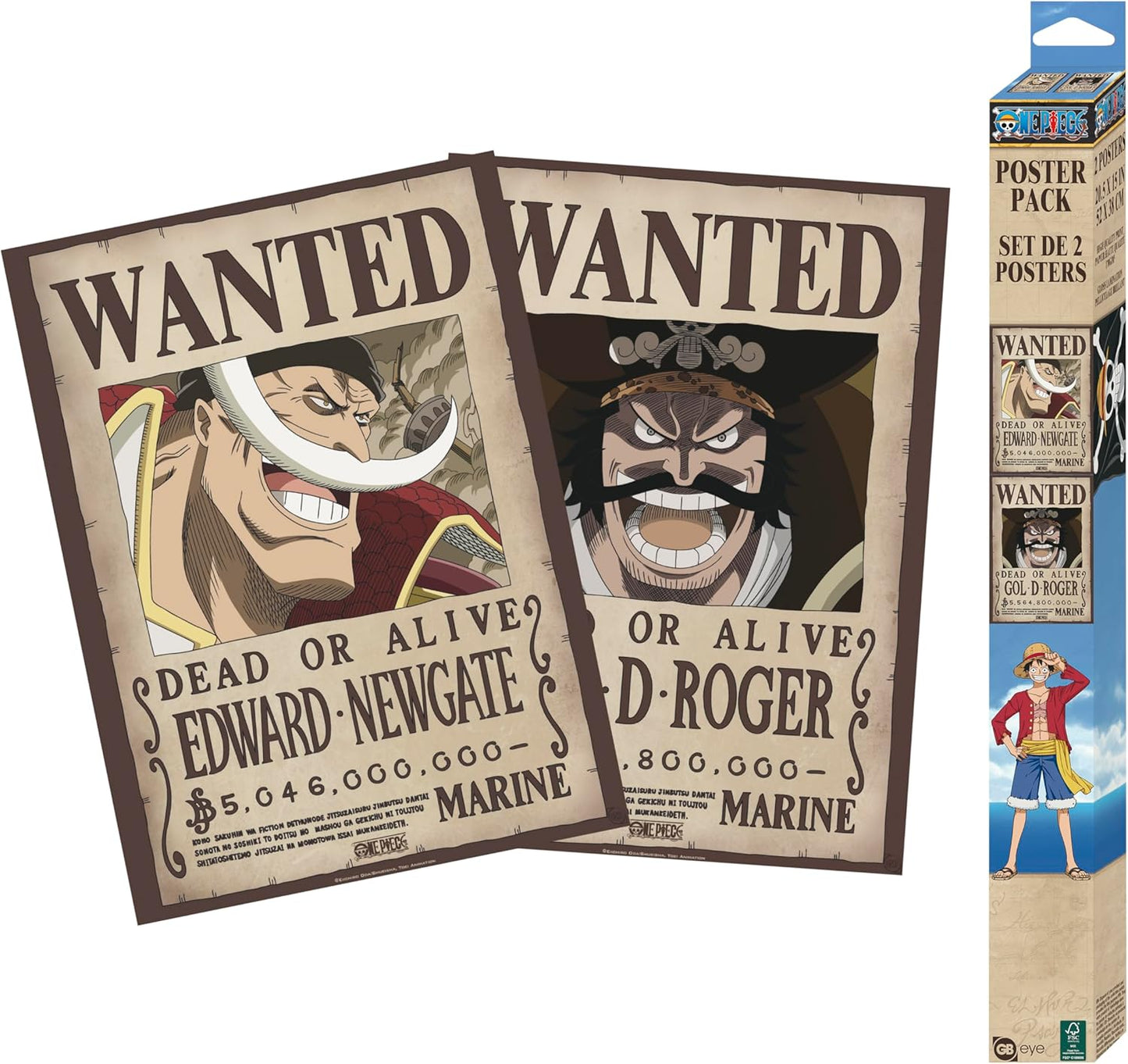 Two 'Wanted' posters featuring characters from an anime series, with a box set packaging on the right.
