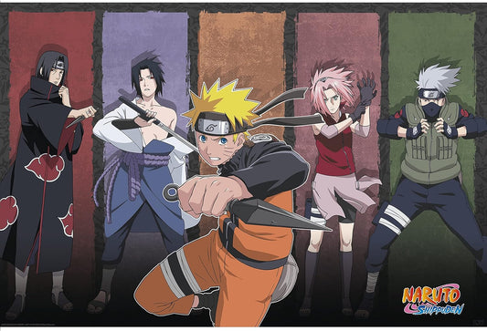 Anime character in a dynamic pose with other characters in the background, featuring the Naruto series logo.