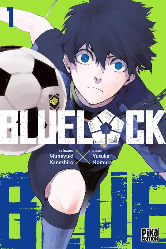 Manga cover of 'Blue Lock' with a character holding a soccer ball against a green background