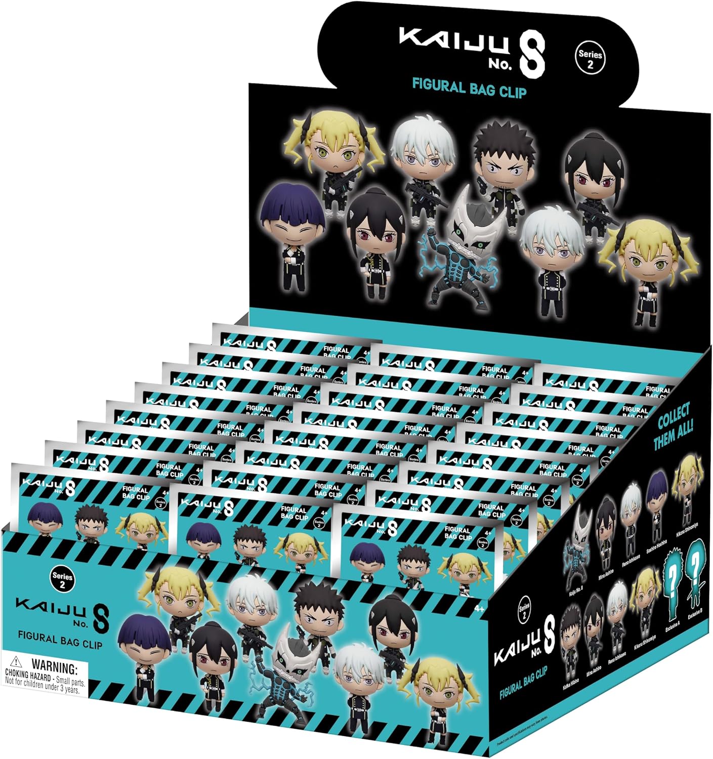 Kaiju No. 8 Figural Bag Clip collectible blind box display tray, showing multiple individual bag packs inside a black and teal retail display box with character illustrations.