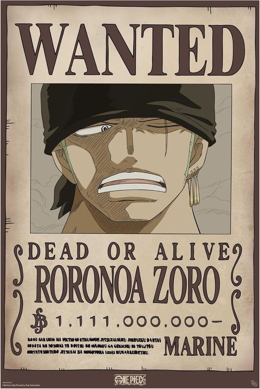 Wanted poster for Roronoa Zoro with a character illustration on a beige background