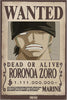 Wanted poster for Roronoa Zoro with a character illustration on a beige background