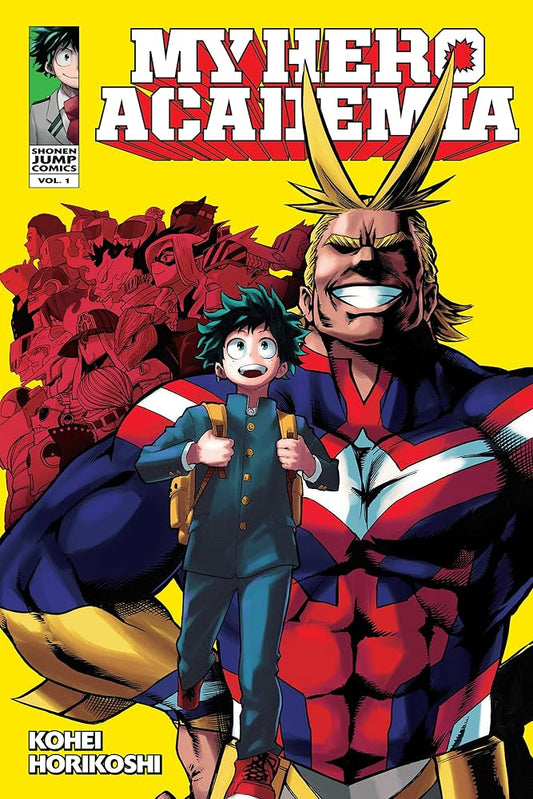 Comic book cover of 'My Hero Academia' with a large character and a smaller character in front, on a yellow background.