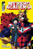 Comic book cover of 'My Hero Academia' with a large character and a smaller character in front, on a yellow background.