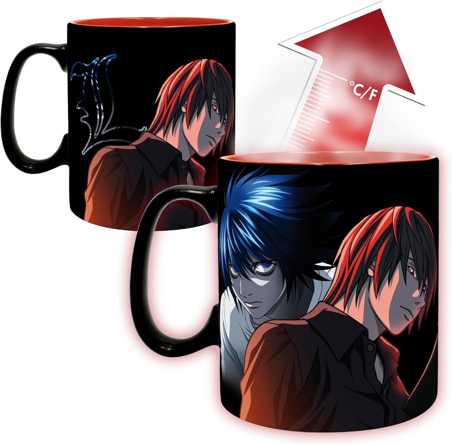 A black ceramic mug featuring anime character artwork with red and blue hair, shown from multiple angles on a white background. A red arrow graphic with °C/F text appears near the top right, suggesting a temperature-changing mug feature.