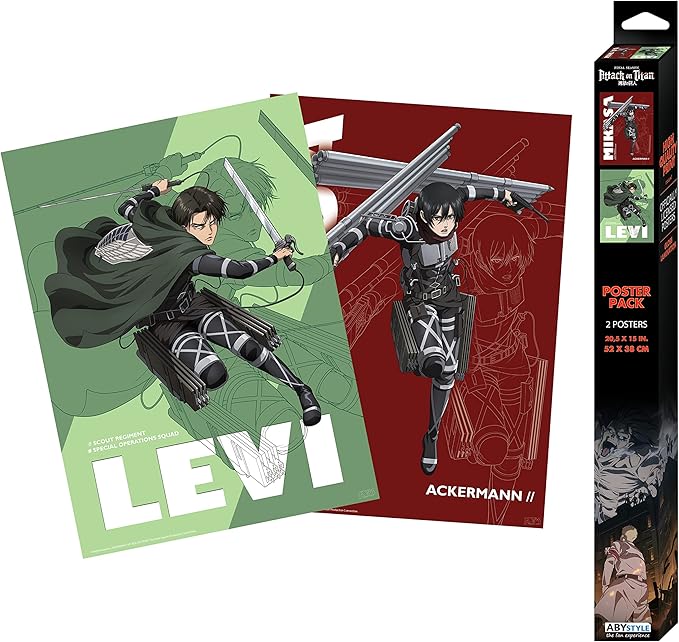 Two posters of a character with a sword, one green and one red, with a packaging box on the right.