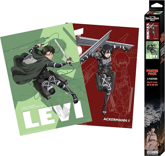Two posters of a character with a sword, one green and one red, with a packaging box on the right.