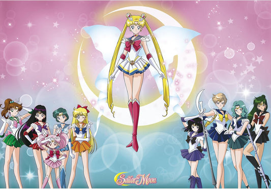 Sailor Moon and her friends on a colorful background with 'Sailor Moon' logo.