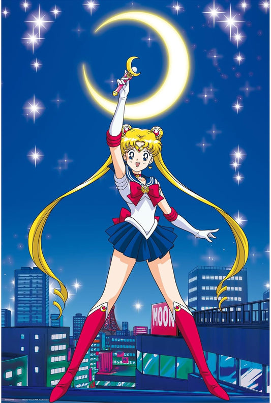 Character from Sailor Moon holding a crescent moon against a city night sky with stars.