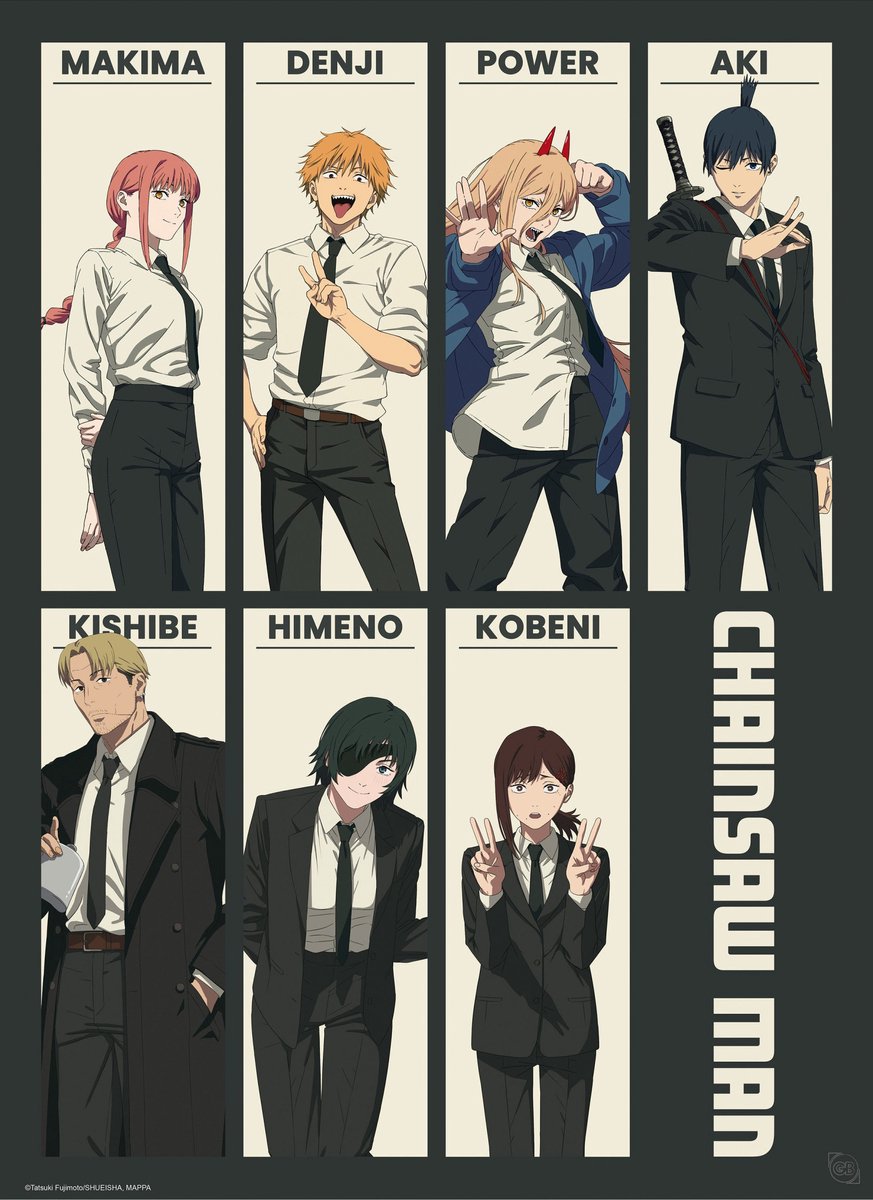 Character poster of 'Chainsaw Man' with eight characters in suits and their names above.